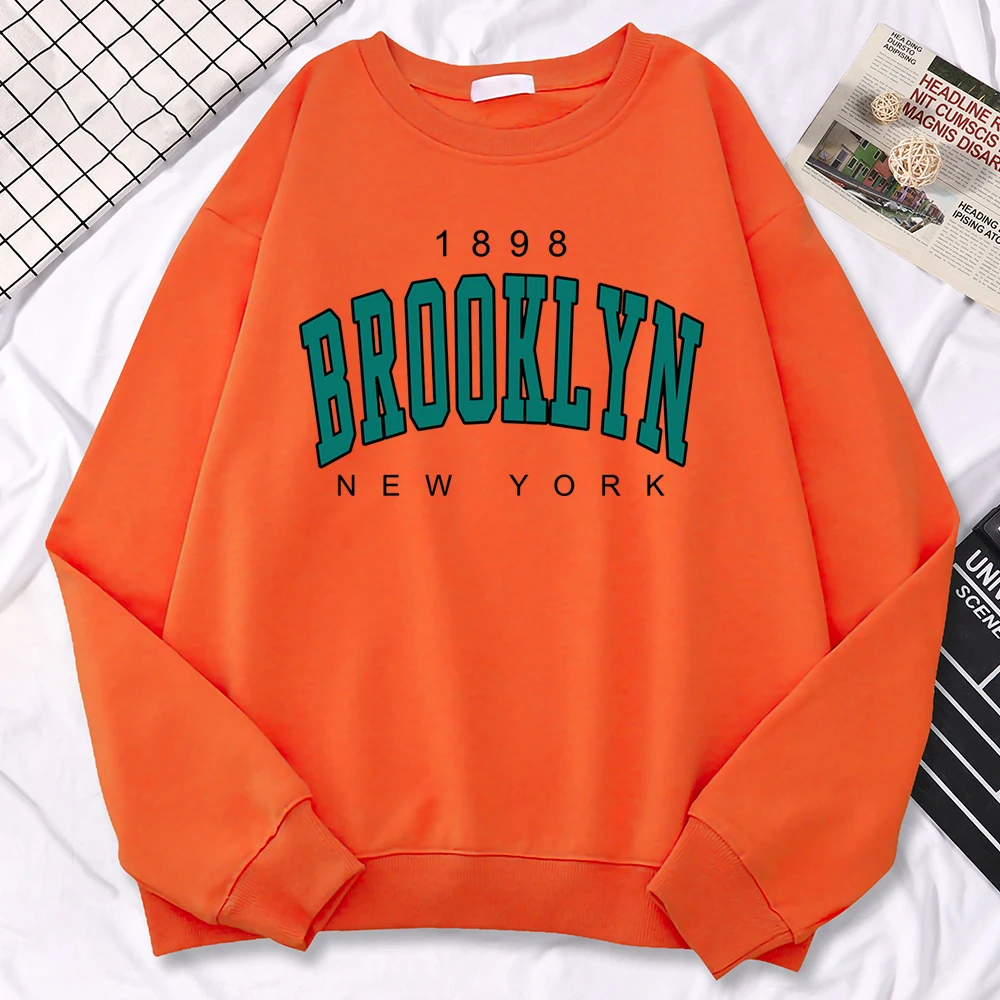 Autumn Kawaii Womens Sweatshirts 1898 Brooklyn New York Print Hoodies Crewneck Fleece Pullovers Loose Warm Female Streetwear