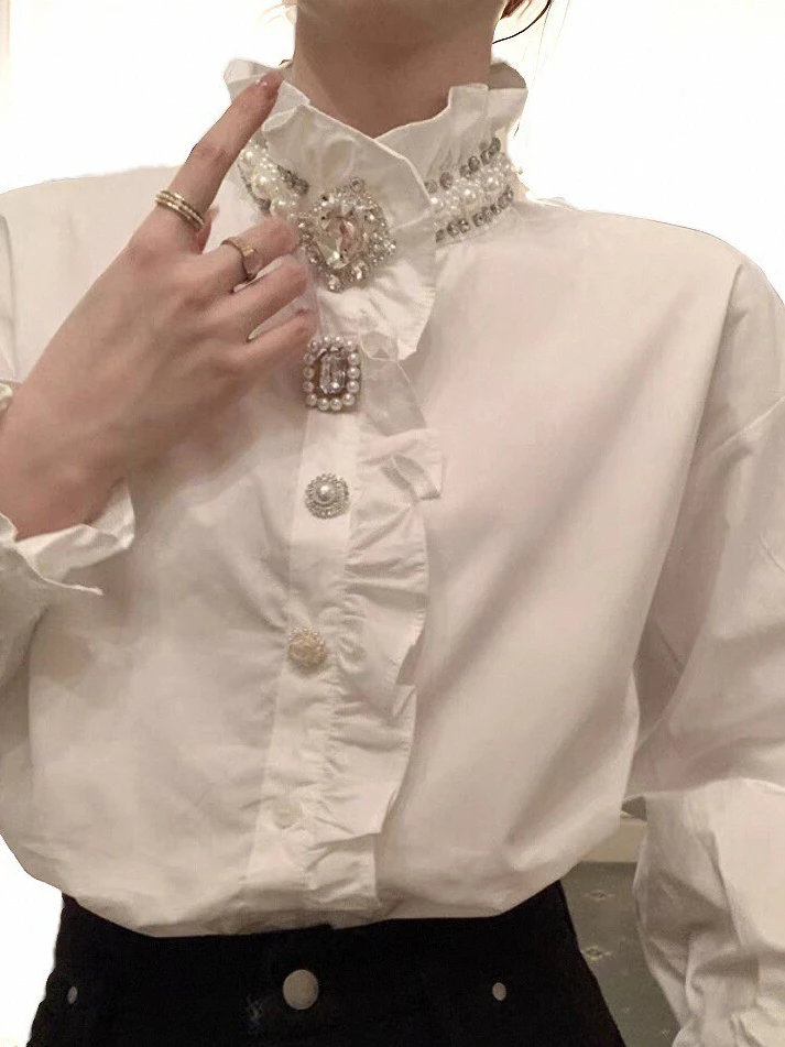 French Royal Style Stand Collar Ruffle White Shirt Female 2024 Spring New Heavy Industry Rhinestone Long Sleeve Shirt Top Women