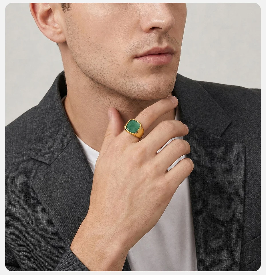 Vnox Herren Siegelring, vergoldeter Edelstahl, quadratischer grüner Naturstein-Fingerring, Vintage-Punk-Statement-Schmuck, Geschenk, neu – Detail 4