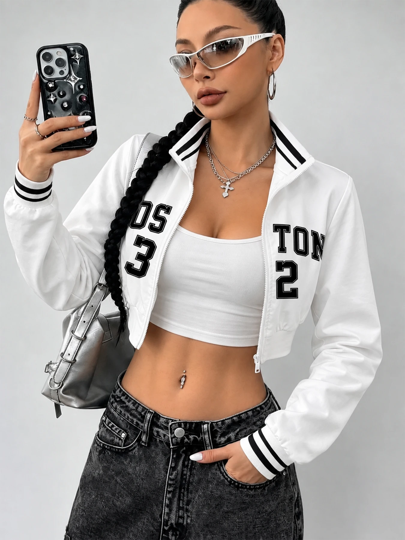 Damen Street-Style Cropped Zip-Up Jacke – Schwarz-Weiß gestreift, gerippter Kragen, lässiger sportlicher Look (Herbst) – Detail 2