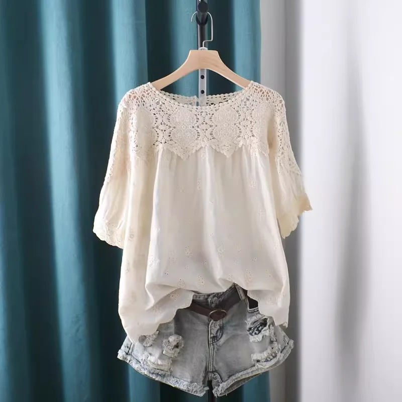 

2026 Hollow Out Lace Patchwork Shirts and Blouses Short Sleeve Embroidery Flowers Cotton Shirt Mori Girl Clothing