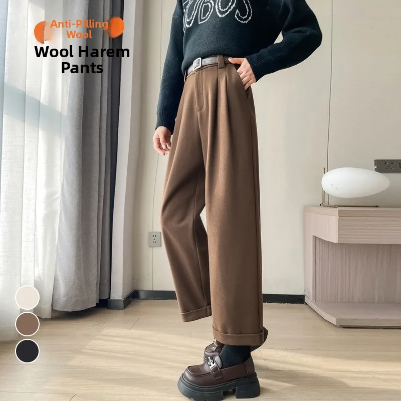 Pantaloni da sigaretta in lana color caffè retrò Pantaloni da donna a vita alta con gamba dritta casual foderati in Fce autunno inverno