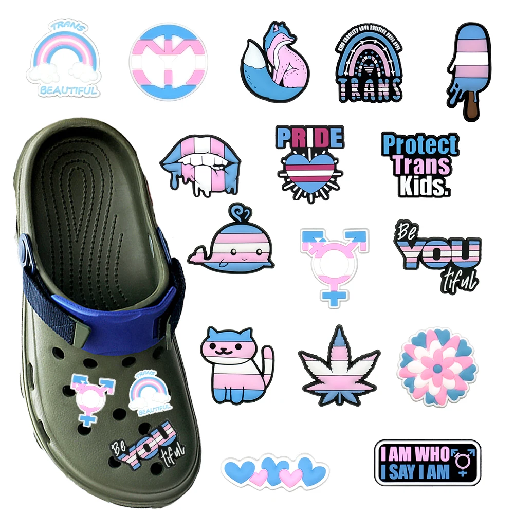 16pcs Cartoon Transgender Pride Theme Series PVC Shoe Accessories Fit Wristbands Hole Slipper DIY Detachable Fashion Gifts