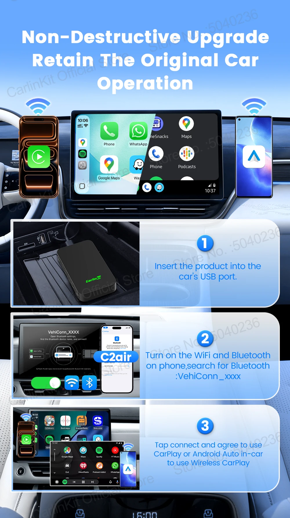 CarlinKit 5.0 C2Air 2-in-1 CarPlay Android Auto Wireless Adapter für kabelgebundene CarPlay- und Android-Auto-Fahrzeuge, Online-Upgrade, Plug & Play – Detail 12