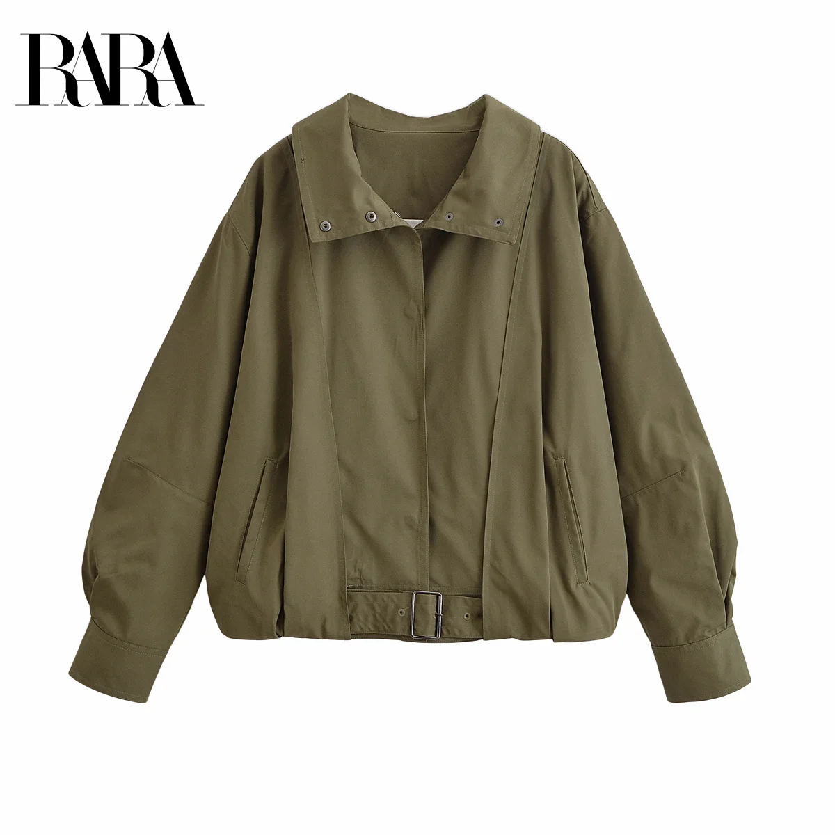 

RARA Women's New Hem Buckle Decorated Casual Loose Flight Jacket Coat with Convertible Collar