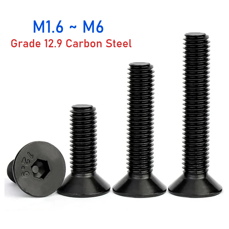 M1.6 M2 M2.5 M3 M4 M5 M6 Black Grade 12.9 High Strength Carbon Steel Hex Socket Flat Countersunk Head Screw Bolt