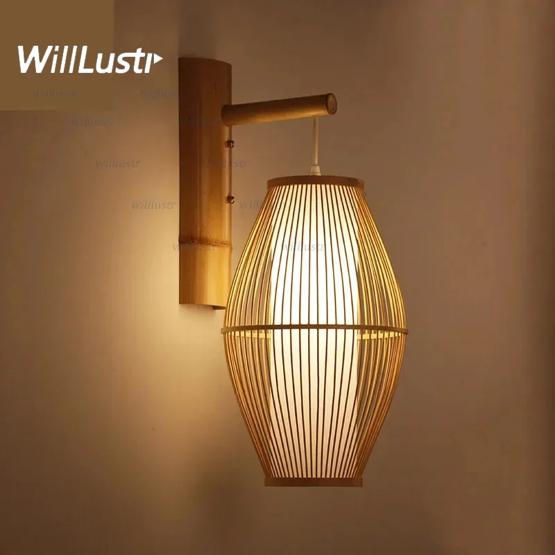 

Bamboo Wall Sconce Traditional Chinese Lantern Style Light Doorway Porch Foyer Balcony Bedside Corridor Teahouse Handmade Lamp