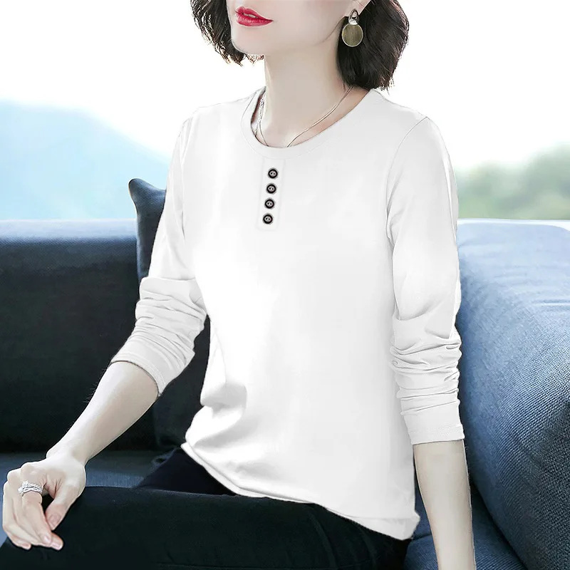 Women Autumn New Korean Version Fashion Loose Versatile Simple Commute Round Neck Solid Color Button Splicing Long-sleeved Top