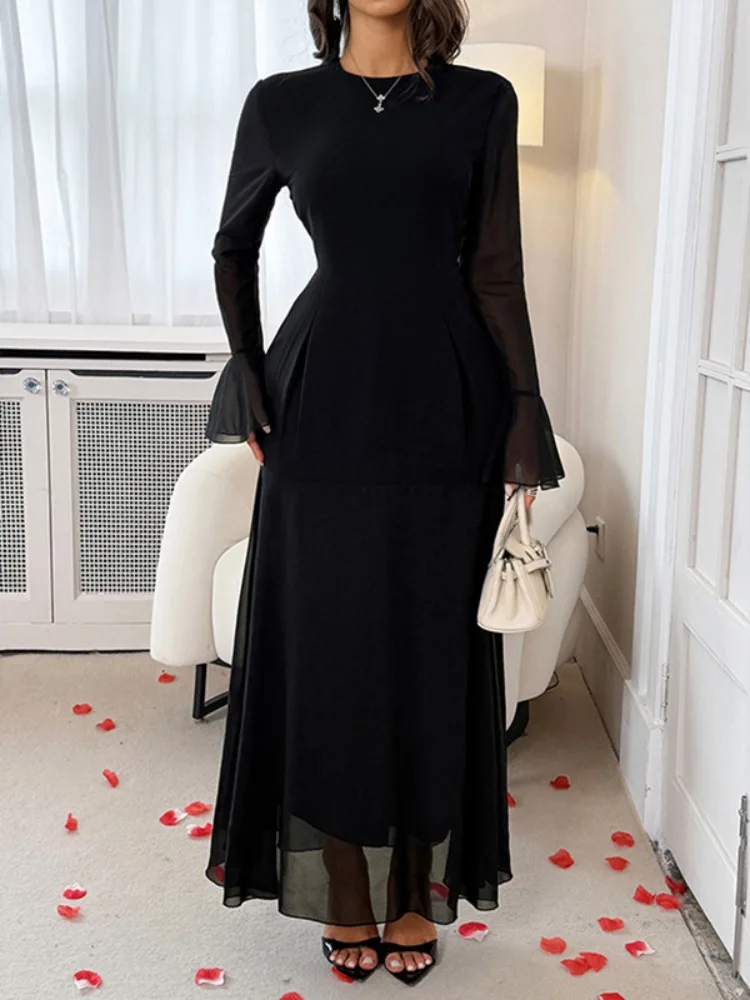 Uoozee Durchsichtiges schwarzes Netzkleid für Damen, ausgestellte Ärmel, Rundhalsausschnitt, hohe Taille, A-Linie, Abendparty, Abschlussball, Maxikleider