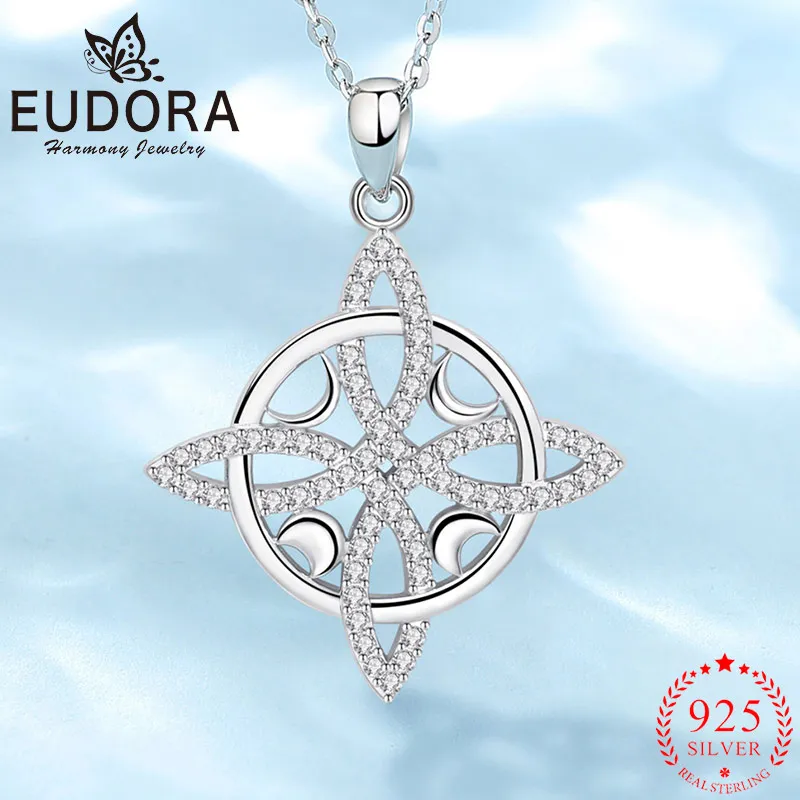 Eudora 925 Sterling Silver Witch Celtic Knot Necklace Moon inlaid Zircon Geometric Pendant Witchcraft Personality Women Jewelry