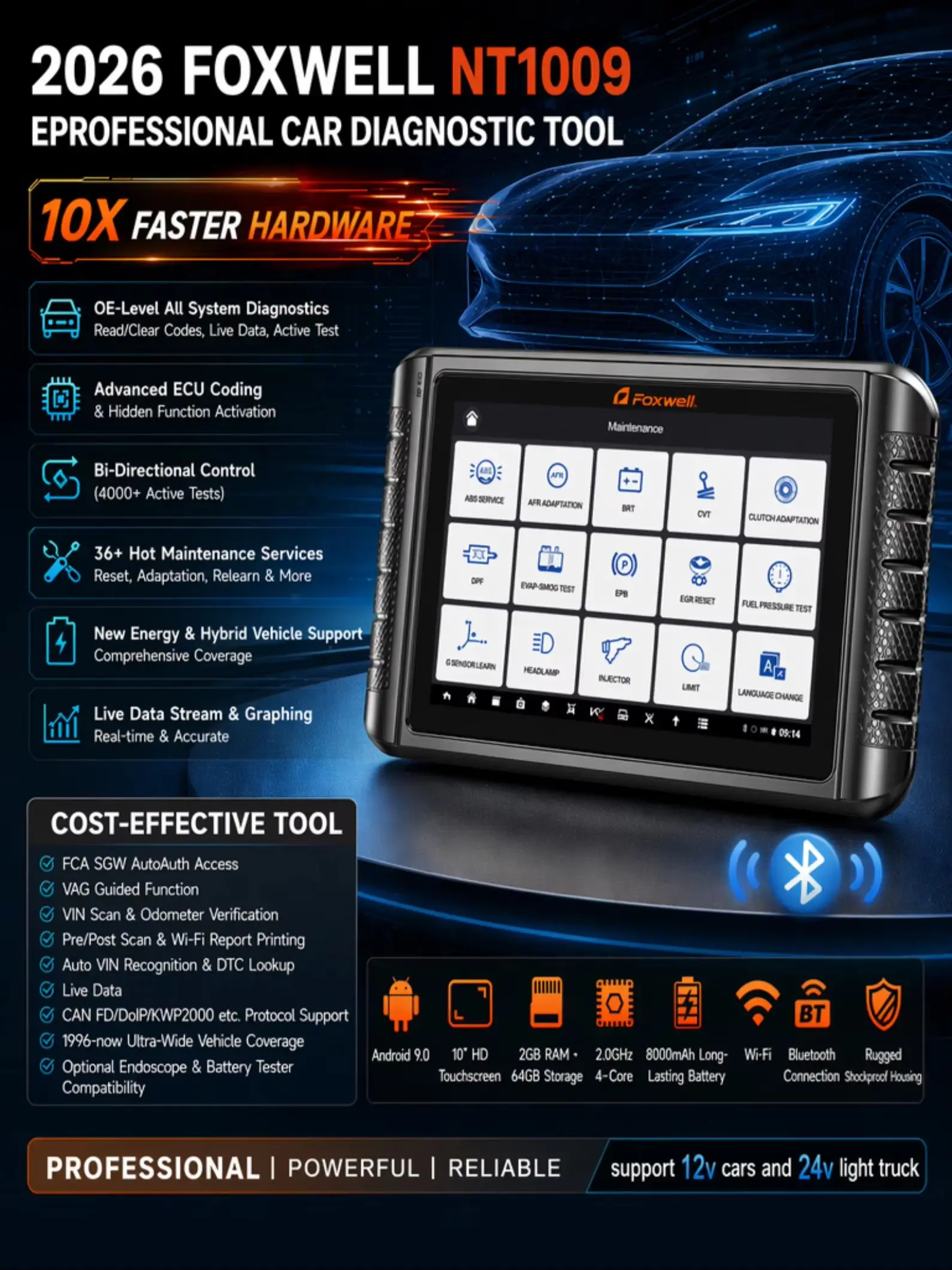 FOXWELL NT1009 OBD2 Auto-Scanner für Alle Systeme, ECU-Codierung, Aktiver Test, CANFD DOIP Topologie-Mapping, 36+ Reset-Funktionen, Auto-Diagnosewerkzeug