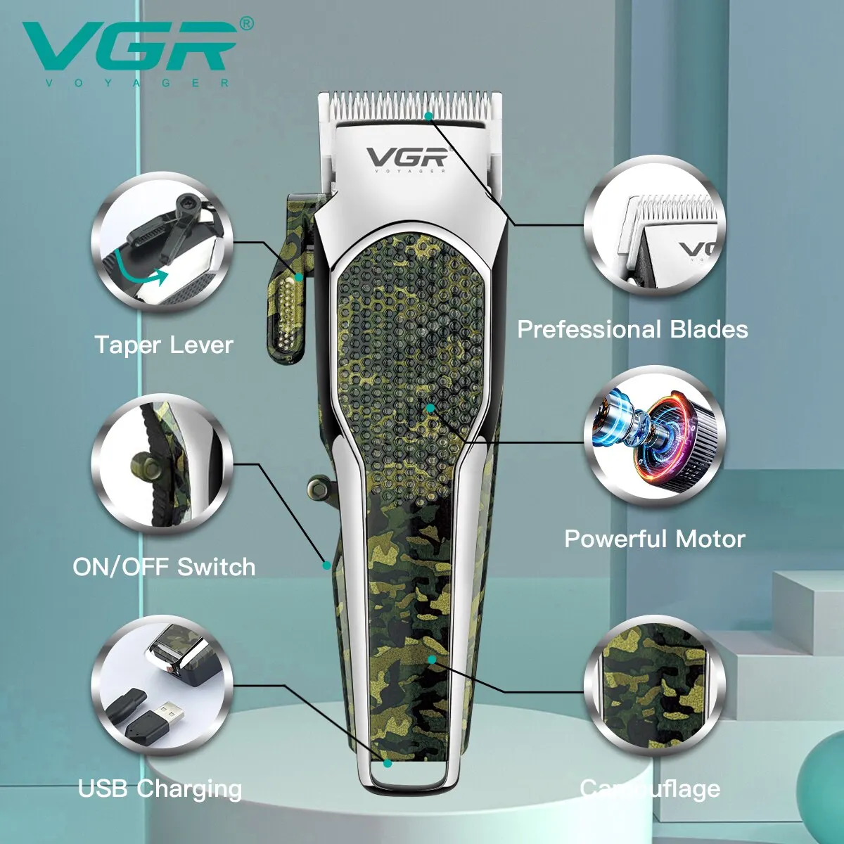 VGR Camo High Power Electric Hair Clipper Professional Hair Trimmer for Men Haircut Machine Barber Hair Cutting Machine Tools