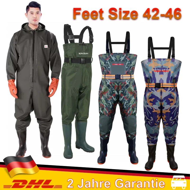 Nuova tuta impermeabile Trampolieri con cappuccio Pantaloni da trampoliere a maniche lunghe con stivali Guanti Set Tuta da caccia per pesca da uomo adulto