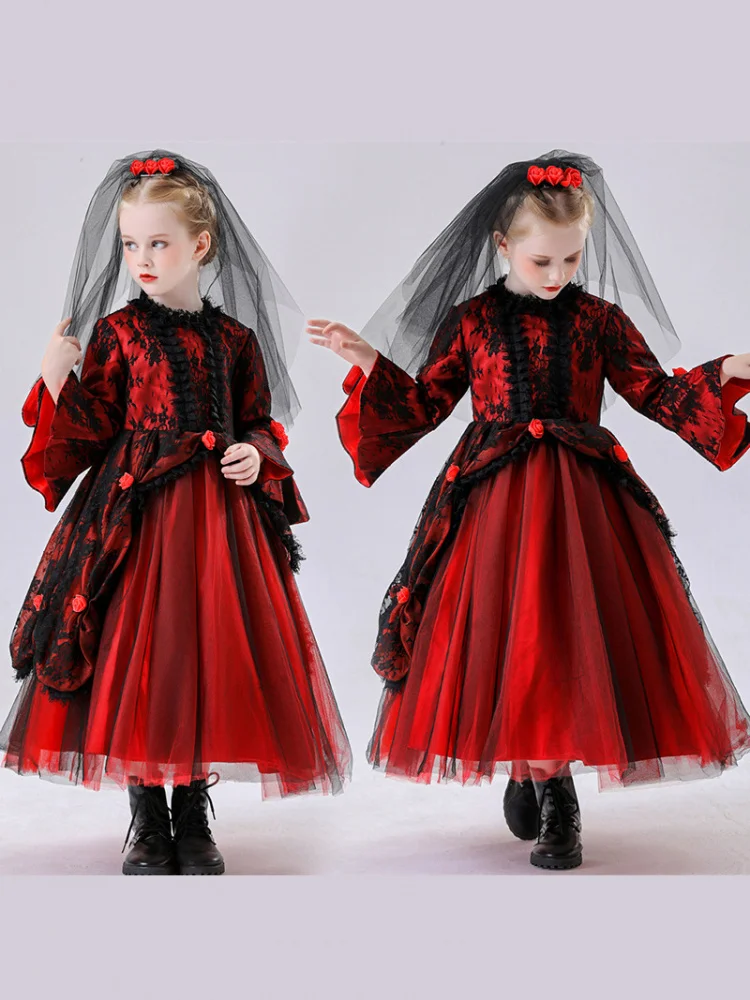 زي مصاص دماء للأطفال لعيد الهالوين، فستان أميرة ساحرة، زي أداء مسرحي، زي عروس شبح أحمر جديد، تنورة قطنية بخصر مرتفع