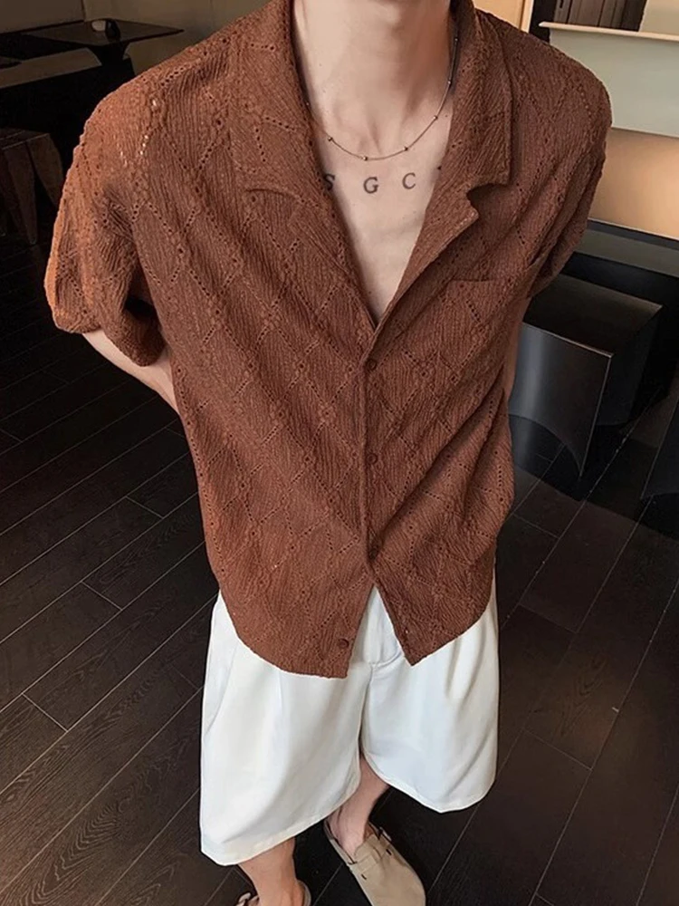 Vintage Hollow Out Knitted Shirts Mens Fashionable Short Sleeve Buttoned Turn-down Collar Shirt Summer Men Casual Knit Cardigans