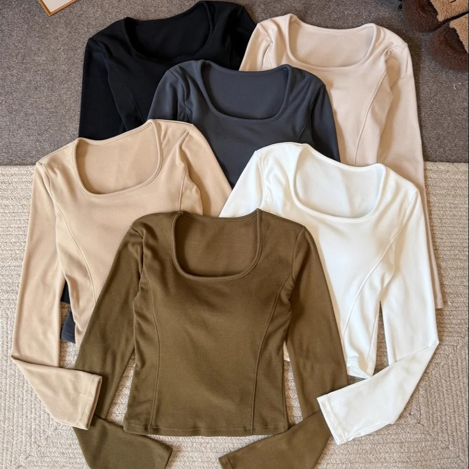 Early Autumn Pure Desire Style Long Sleeve Fleece Thermal T-Shirt Women's Slim Fit Fixed Band Chest Pad Slimming Top