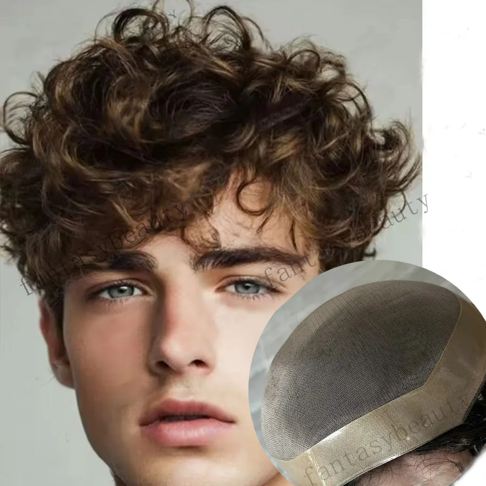 

24mm 15mm Curly Men's Toupee Wig #2 #4 Dark Brown Black Durable Mono Weave Black #1 Human Hair System Capillary Prosth Bald Male