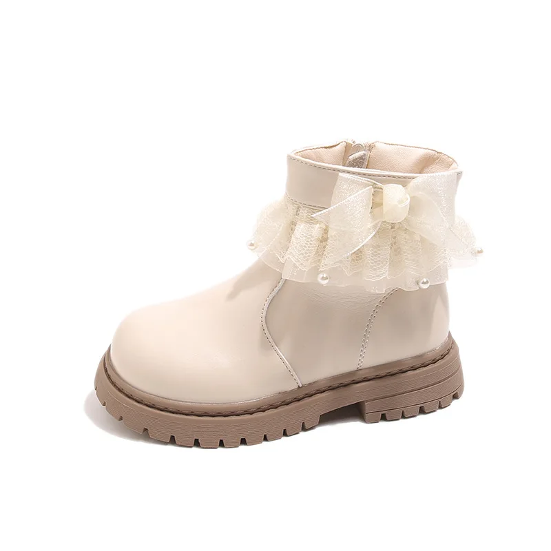 2025 Autumn New Little Girls Boots Fashion Lace Pearl Boots Solid Color Cotton Lined Leather Footwear for Girls