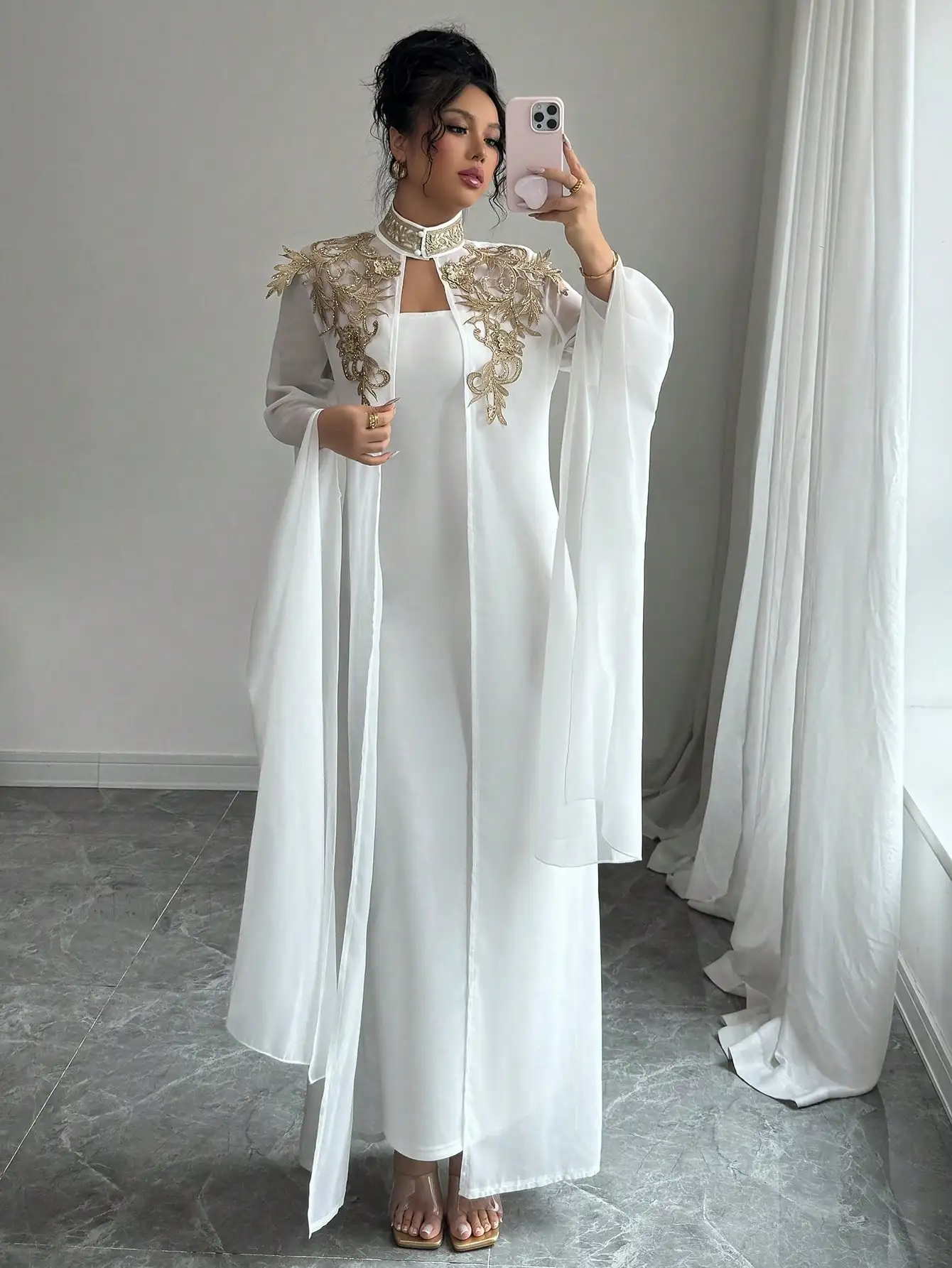 

Elegant White Abaya With Gold Embroidery Long Jacket And Dress Set