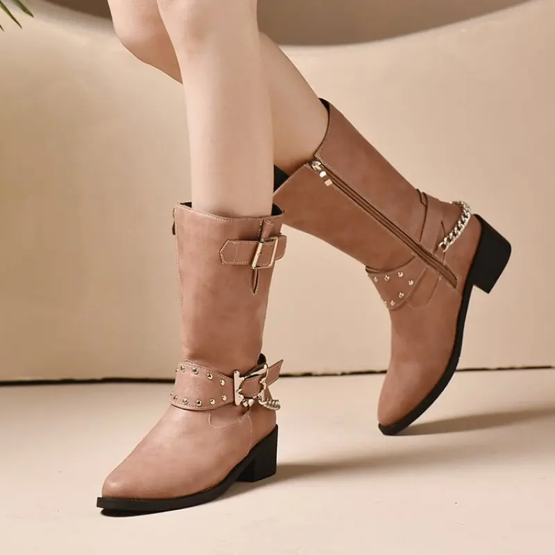 

Platform Combat Boots Zip Chuny Heel Buckle Vintage Fashion Casual Luxury Designer Western Mid Calf Boots Shoes Woman Plus Size