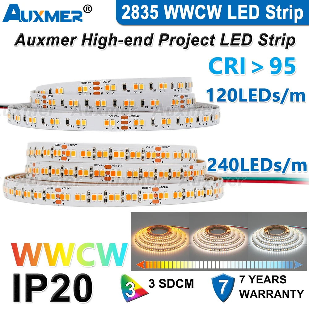 2835 LED Strip Lights CCT Tunable White CRI95+ 120LEDs/m 240LEDs/m DC12/24V IP20 Linear Lighting Flex LED Tape for Home Decor