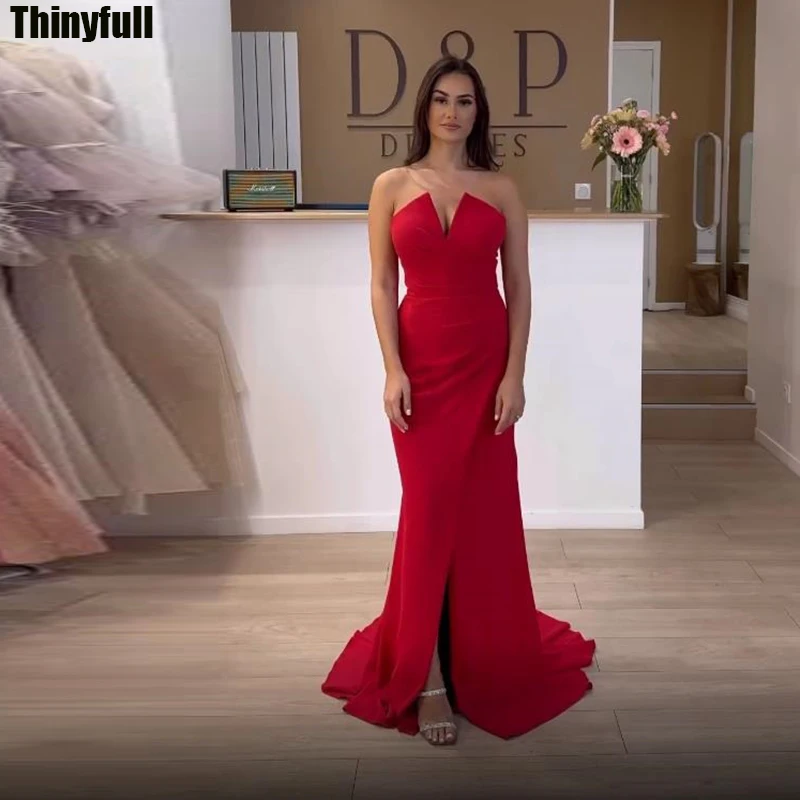 

Thinyfull Mermaid Elegant Red Evening Party Gown Sleeveless Satin Prom Dresses Long Split Formal Occasion Dress Robe De Soirée