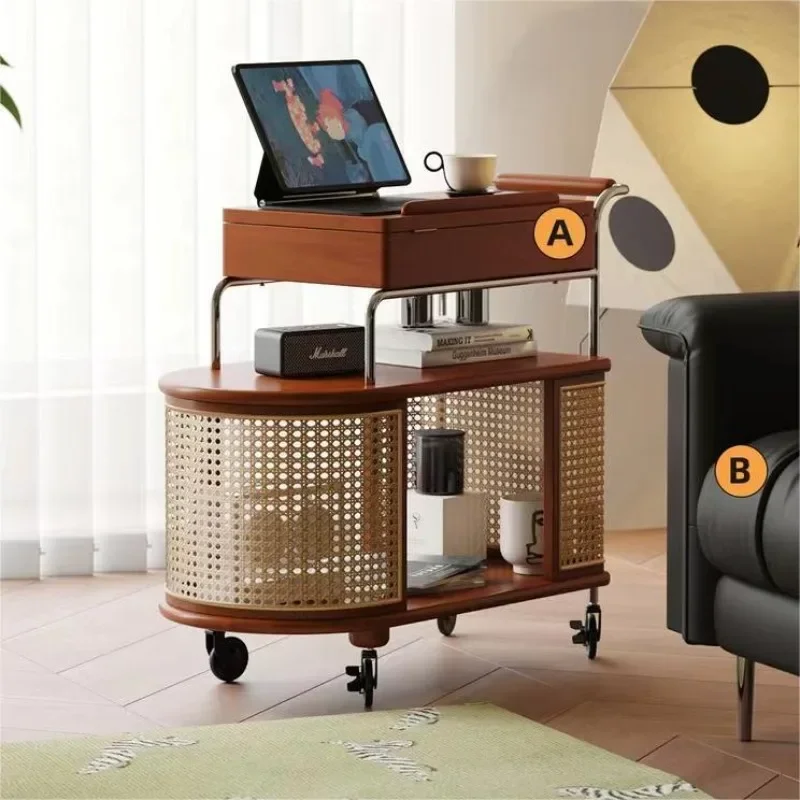 Nordic solid wood small unit simple small cart living room household mobile rattan woven circular table