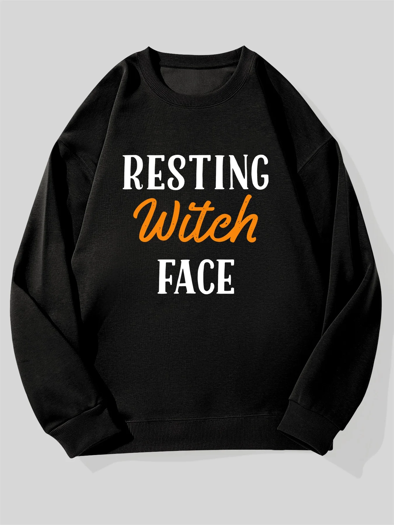 

Мужская толстовка большого размера с надписью «Resting Witch Face» — черная с белым и оранжевым принтом, повседневный свободный пуловер с круглым вырезом