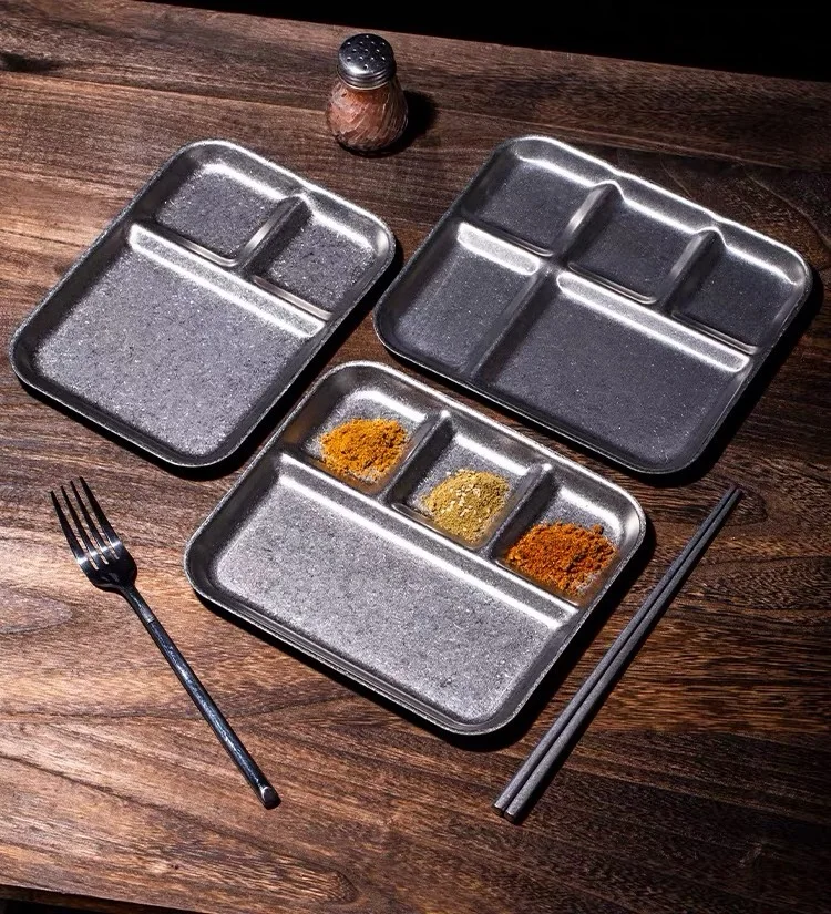 Vintage Stainless Steel Dipping Sauce Dish, Special for Barbecue Restaurants, Gridded Seasoning Integrated Dish, Korean Style Co