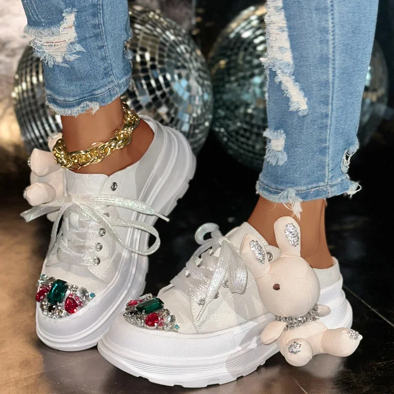 

Women's Spring and Autumn Platform Sneakers Cartoon Ragdoll Canvas Slippers Luxury Pearl Water Diamond Decorative Casual Shoes