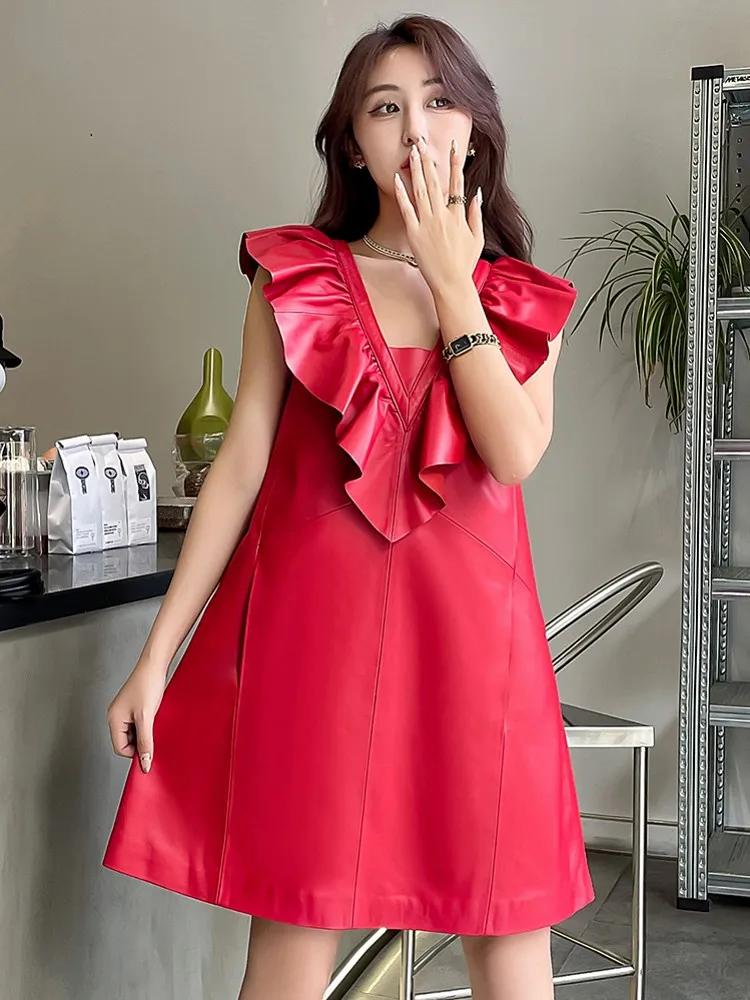 Women Fashion Ruffles V Neck Genuine Leather Dress Knee Length A Line Mid Red Dresses Vintage Lady Spring Sleeveless Tank Dress