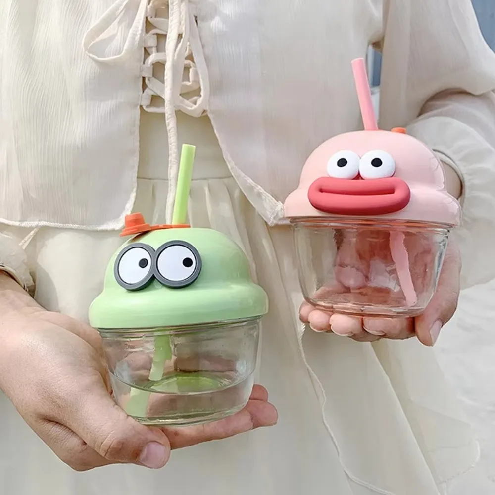 

Creative Milk Coffee Fat Cup Mini Water Cup 210ml Sealed Cartoon Glass Straw Cups Portable Water Bottle Milk Coffee Fat Cup