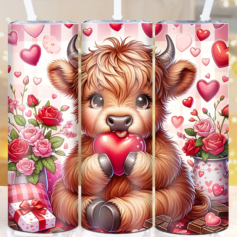 1Pc 3D Print Cute Highland Cow Party Vacuum Cups Valentine's Day Style Skinny Straight Tumblers Straw Lid Insulated Mugs