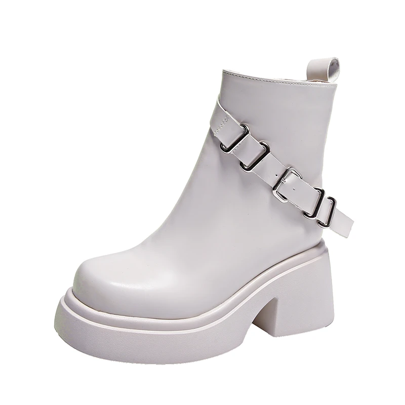 New 2024 Autumn Winter Round Toe Ladies Ankle Boots Women Fashion Chunky Heels Platform Boots  White Buckle Short Boots