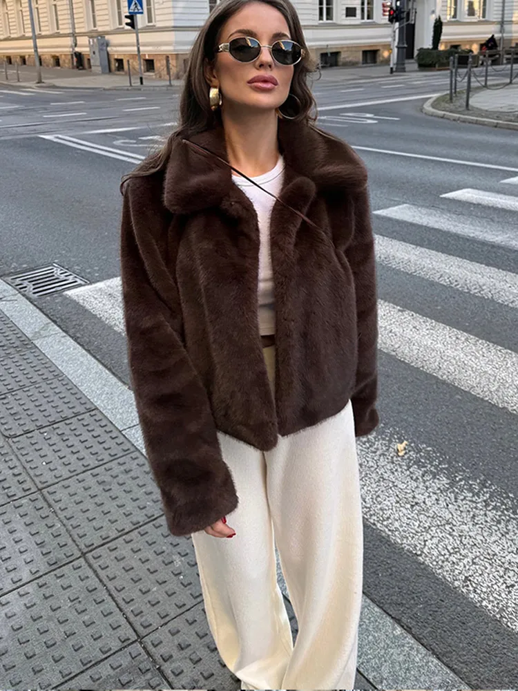 Vintage Brown Lapel Faux Fur Jacket For Women Fashion Solid Long Sleeve Cropped Lapel Coat Winter New Female High Street Outwear