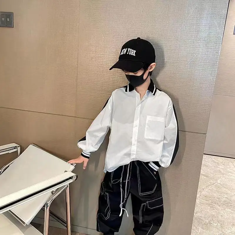 Teenage Clothes School Uniform Splice Boys Shirts White Long Sleeve Turn-down Collar Kids Shirt For Boys Children Tops