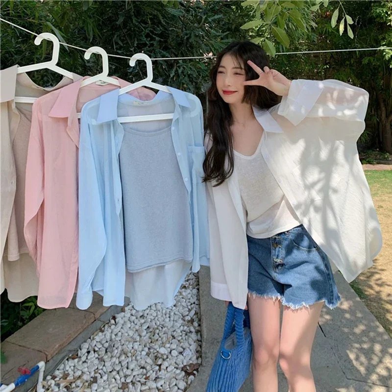 White Shirt Women Summer Sweet Preppy Style All Match Blouse Ladies Korean Fashion Casual Loose Long Sleeve Thin Top New