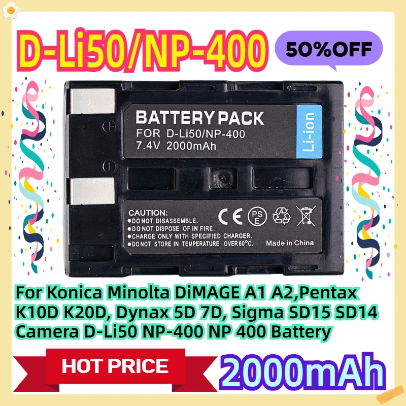 

For Konica Minolta DiMAGE A1 A2 Pentax K10D K20D Dynax 5D 7D Sigma SD15 SD14 Camera D-Li50 NP-400 NP 400 Battery 2000mAh