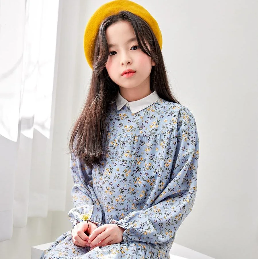 Big Girls Chiffon Long Sleeve Dresses Autumn Floral Print Dress Blue Leisure Dress Spring 2024 New Child Clothing With Lining