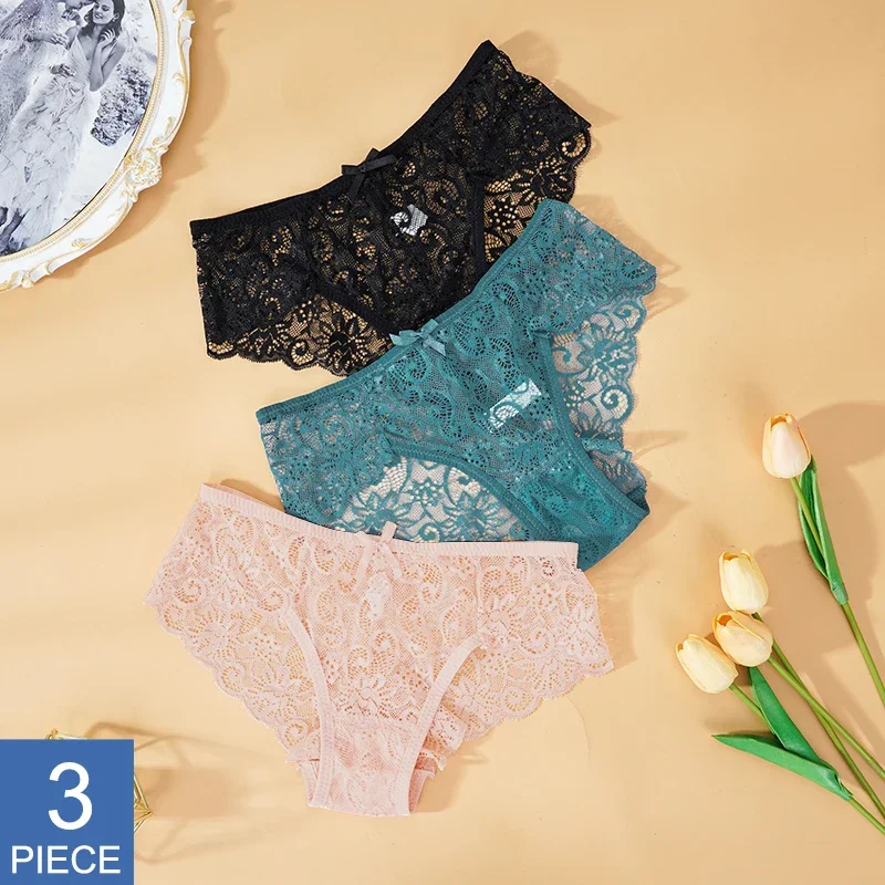 3Pcs/Pack Sexy Women\'s Lace Panties Underwear Lace  Briefs S M L XL Transparent  Floral Bow Soft Female Lingerie