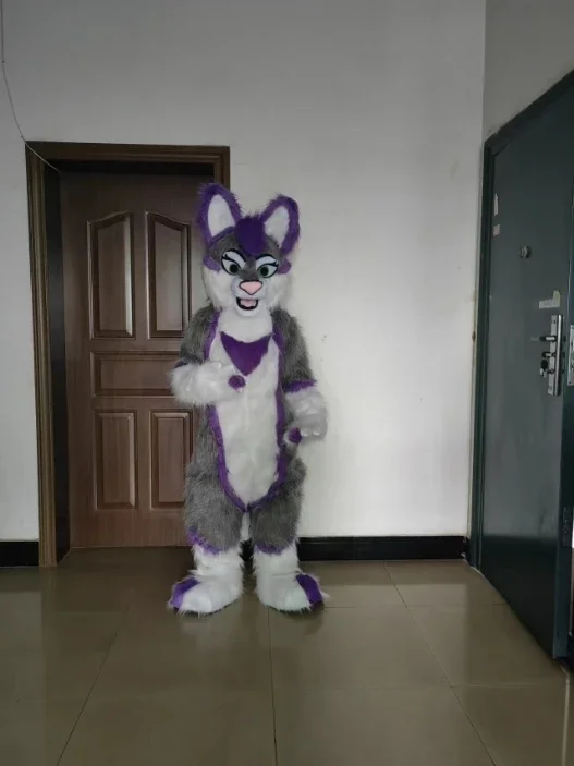 Long Fur Furry Costume Husky Dog Fox Mascot Costume Fursuit Wolf white purple Cosplay Party Fursuit Halloween Suit Adult Size