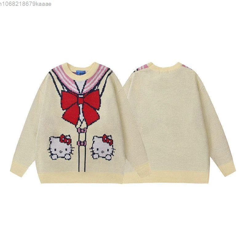 Sanrio Hello Kitty Fun Niedlicher Jacquard-Strickpullover mit Rundhalsausschnitt, koreanischer Stil, lockerer, fauler Stil, lässig, trendig, vielseitiger Pullover