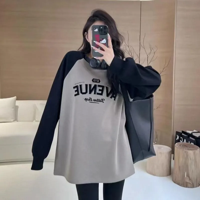 

2024 New Spring Casual Outwear Cotton Korean Round Neck Pullover Sweater Women's Fashion Simplicity Hoodie Loose Mid Length Tops