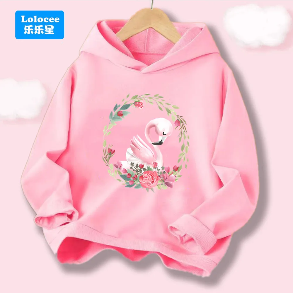 

Элегантный пуловер с цветочным принтом и фламинго для девочек, милый свитшот с капюшоном в уличном стиле с героями мультфильмов, 2025 топов с длинными рукавами HLN2