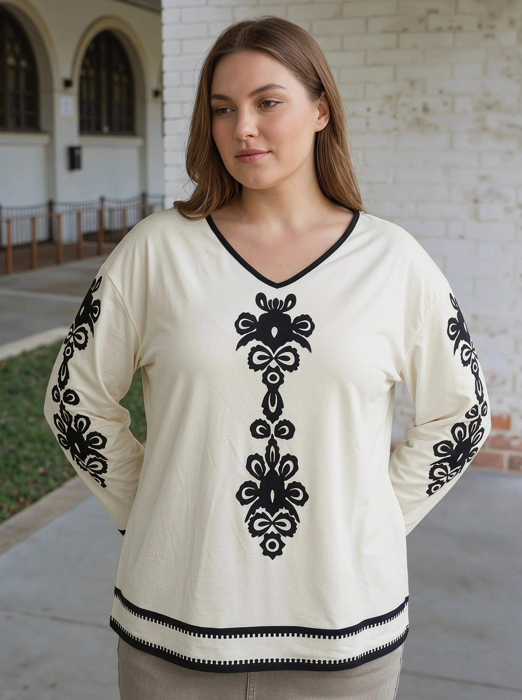 Gadinus Plus Size White Blouse Women Black Ethnic Print Long Sleeve Loose Fit V Neck Casual Top Tunic Shirt image 5