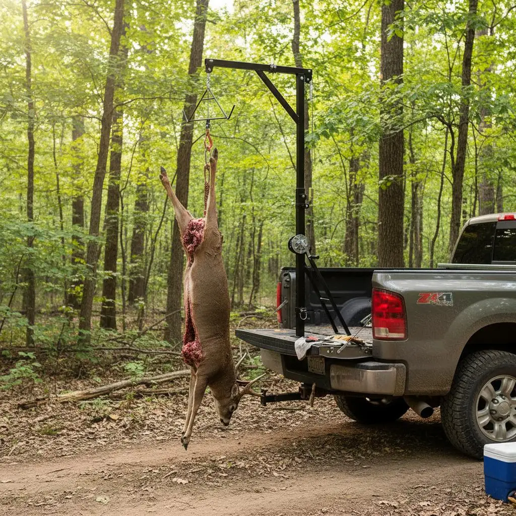 

Подъемник для грузовиков (400 фунтов) для обработки дичи, с 2-дюймовым приемником, поворотом на 360 градусов, регулируемой высотой, для крепления к фаркопу (Gambrel Winc)