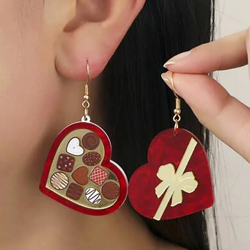 Glitter Acrylic Earrings for Women Red Love Heart Gift Box Chocolate Present Bow Knot Ear Ring Jewelry Valentine\'s Day Pendant