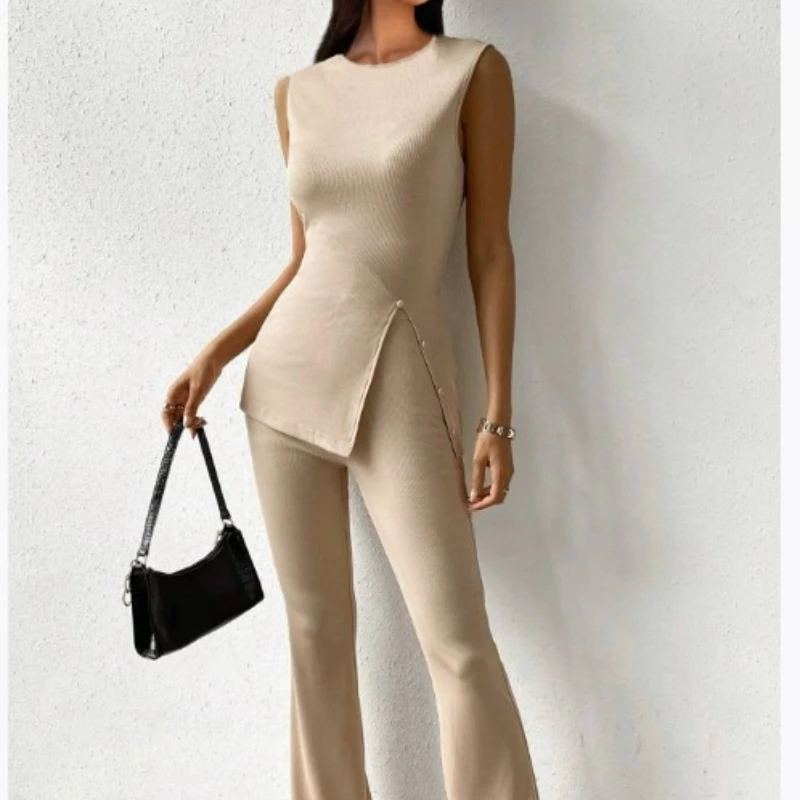 

Женский офисный женский элегантный комплект из двух предметов, топы без рукавов с разрезом на бретельках и высоким воротником, расклешенные широкие брючные костюмы с высокой талией, пригородные костюмы