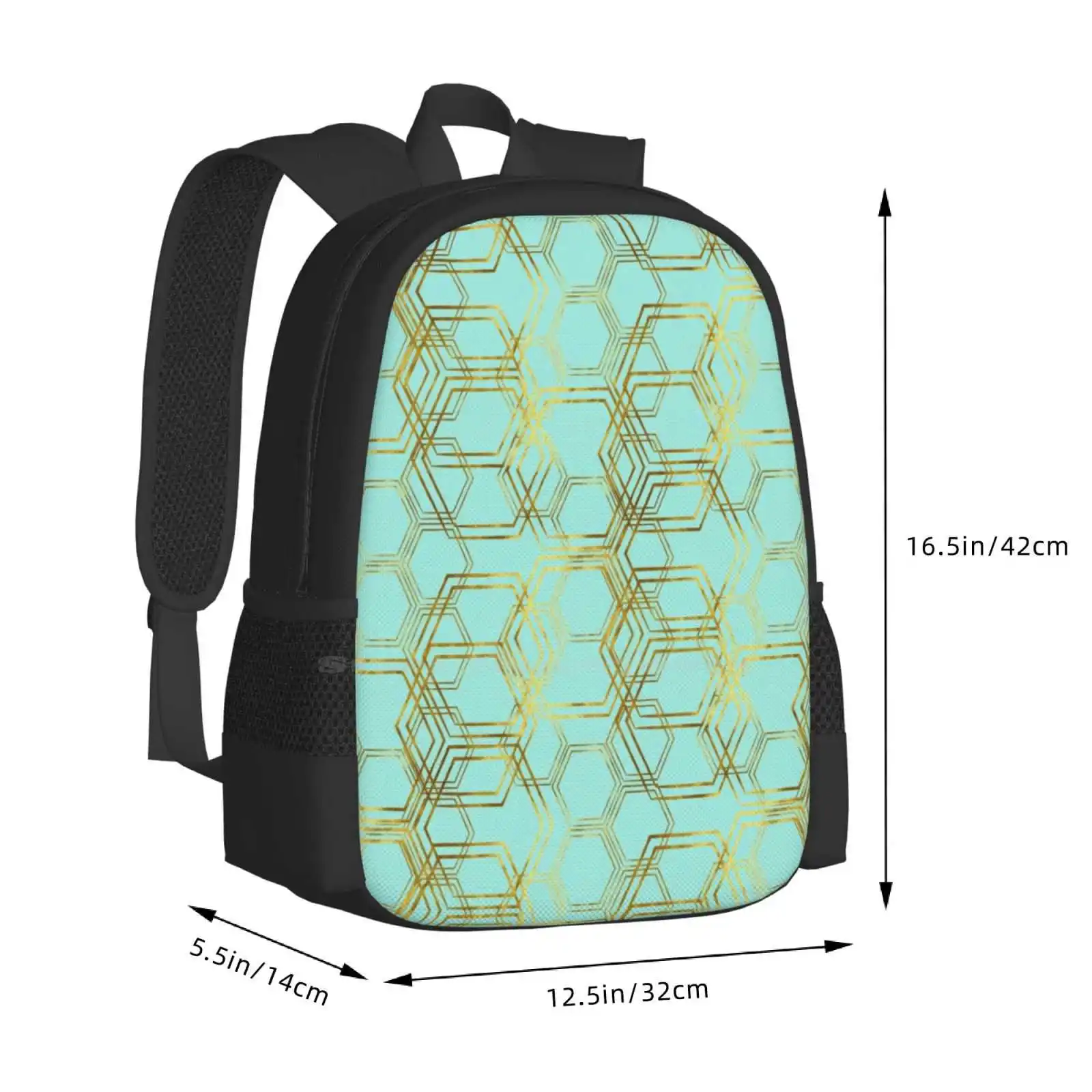 Hexagold School Bags For Teenage Girls Laptop Travel Bags Hexagon Geometric Gold Glitter Sparkly Sparkle Aqua Turquoise Blue