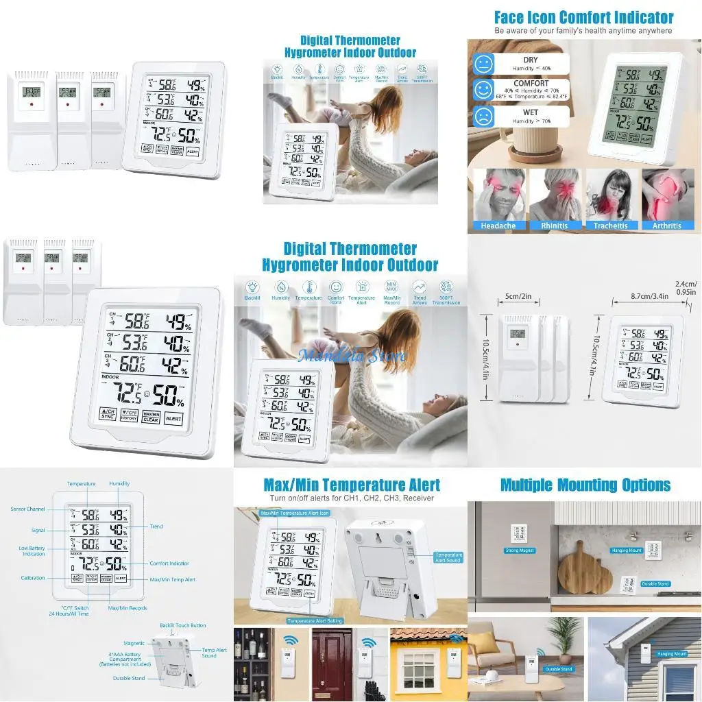 

U2JC Digital Thermometers Hygrometer with 3 Wireless Sensors Indoor Outdoor Temperature Humidity Tracking with Records Alarm